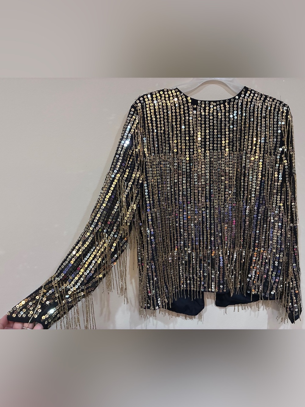 ASOS Black and Gold Sequin Fringe Long Sleeve open back‎ Top